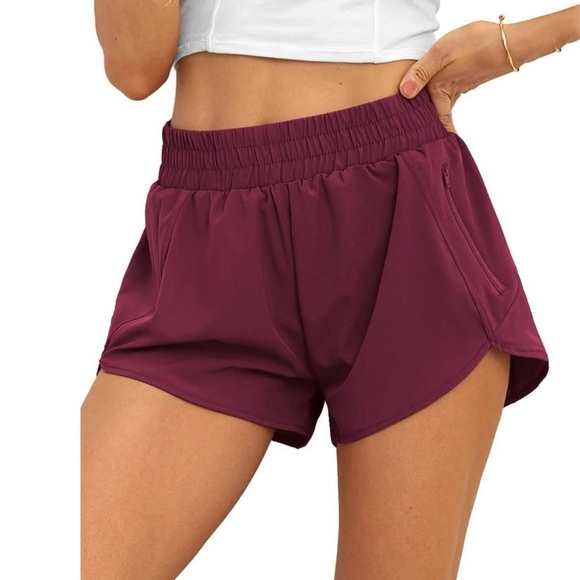 CUEPLY • Running Shorts Pickleball Athletic Gym Workout Burgundy Zipper Pocket - Picture 7 of 9